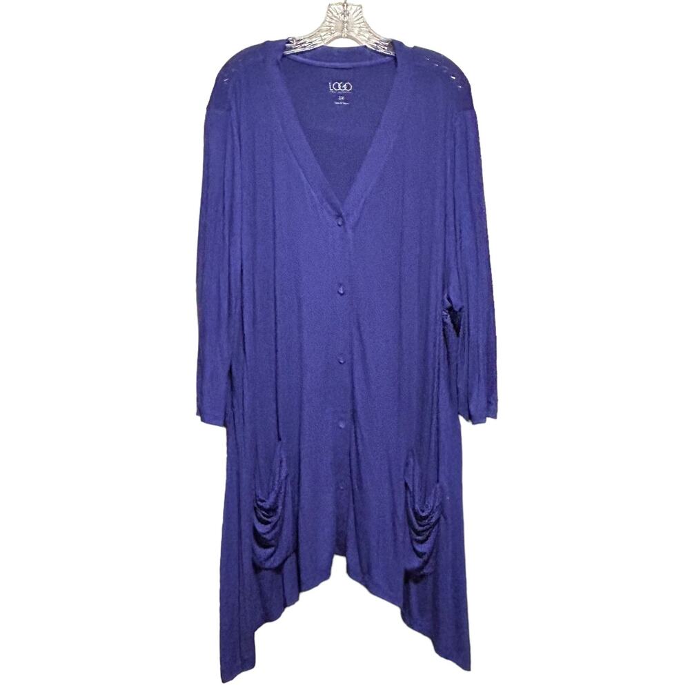 LOGO LORI GOLDSTEIN 3X Top Purple Stretchy Cardigan Pockets Sharkbite Hem